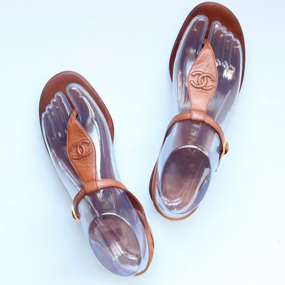 Chanel Brown Leather T-Strap Sandals Rare Minimalist Designer Summer Flats Shoes - Picture 9 of 16